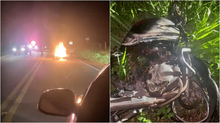 Vídeo: Moto pega fogo após colisão com carro em Aperibé